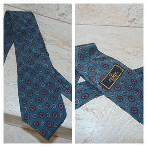 FENDI Cravatte TIE Italy Silk Geometric Stand Out Gray with Red Gold and White